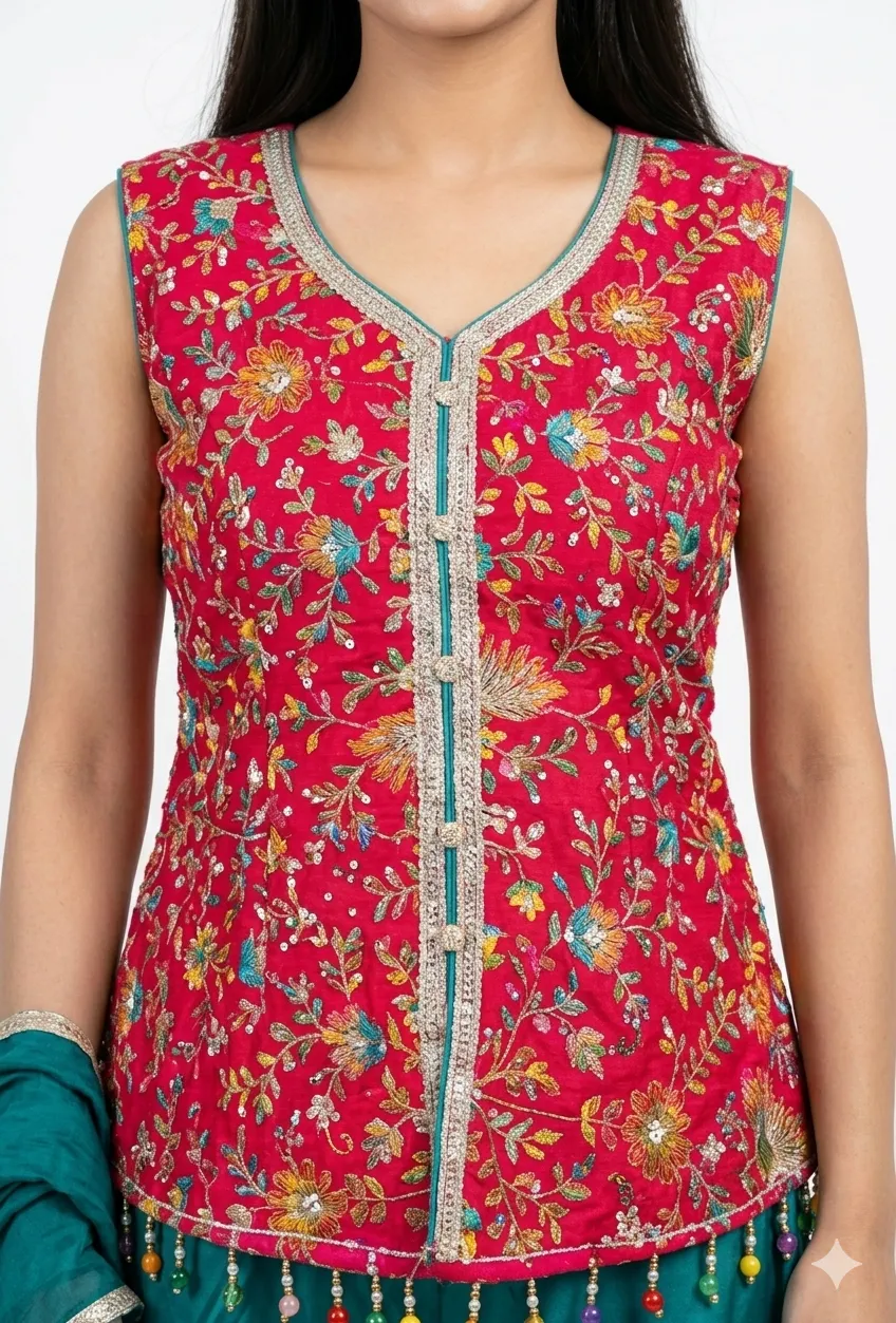 Rani Pink Festive Top, Teal Green Palazzo Suit,