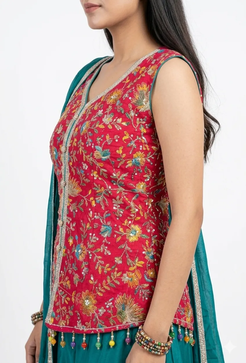Rani Pink Festive Top, Teal Green Palazzo Suit,