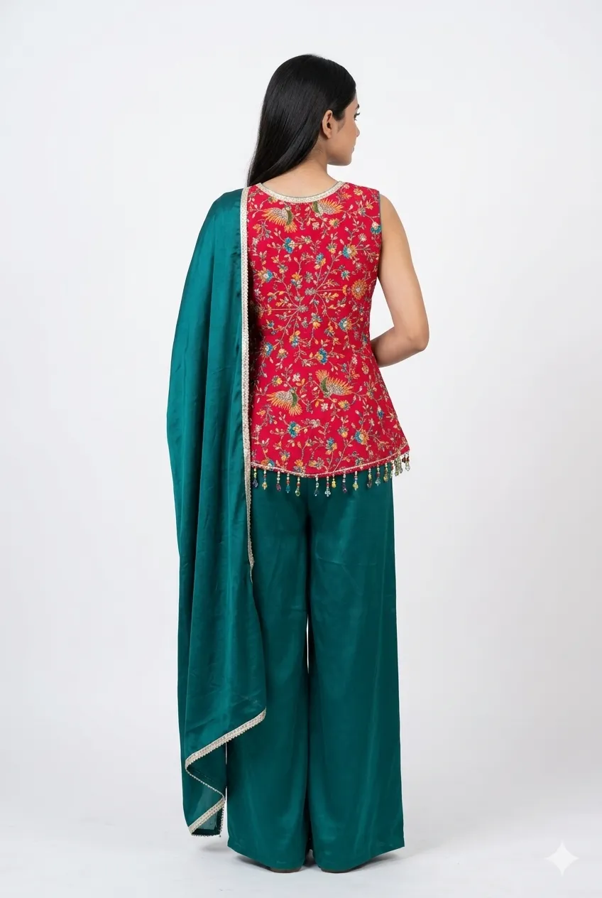 Rani Pink Festive Top, Teal Green Palazzo Suit,