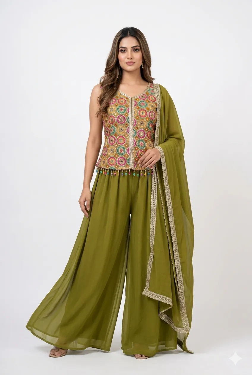 Embroidered Peplum Palazzo Set with Dupatta