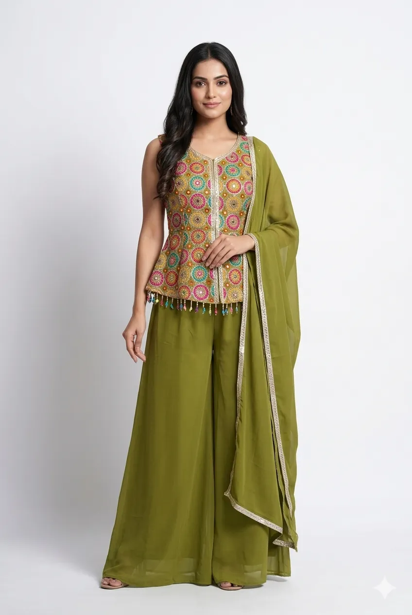 Embroidered Peplum Palazzo Set with Dupatta
