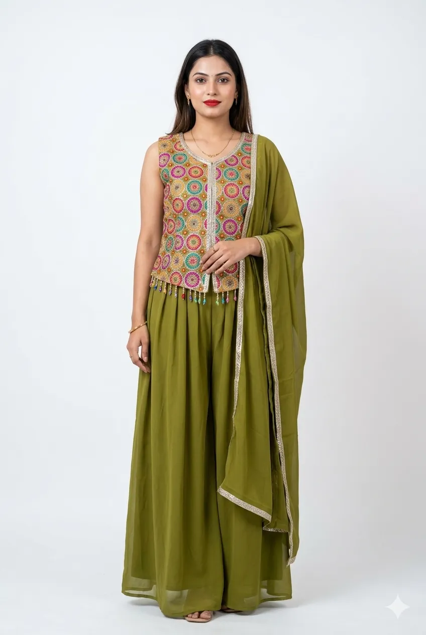 Embroidered Peplum Palazzo Set with Dupatta