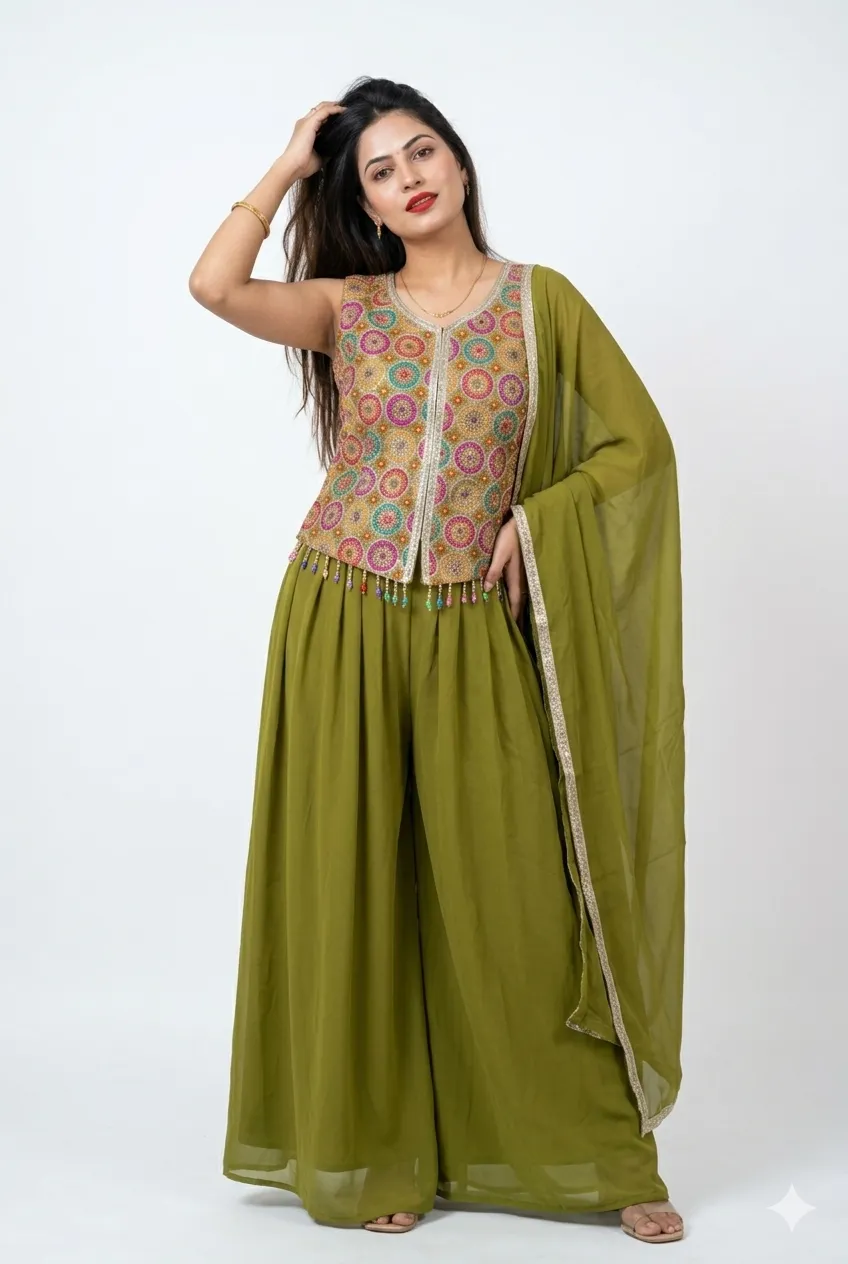 Embroidered Peplum Palazzo Set with Dupatta