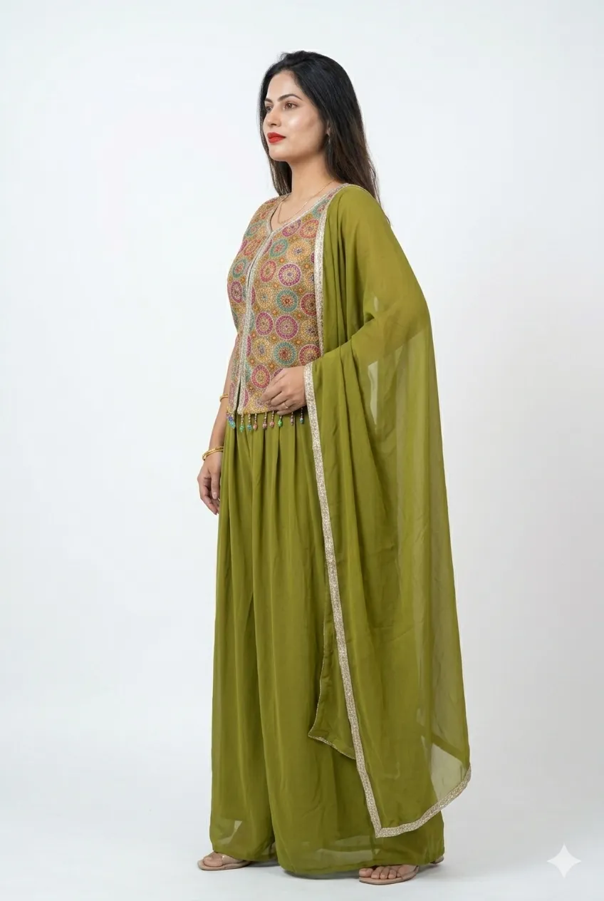 Embroidered Peplum Palazzo Set with Dupatta