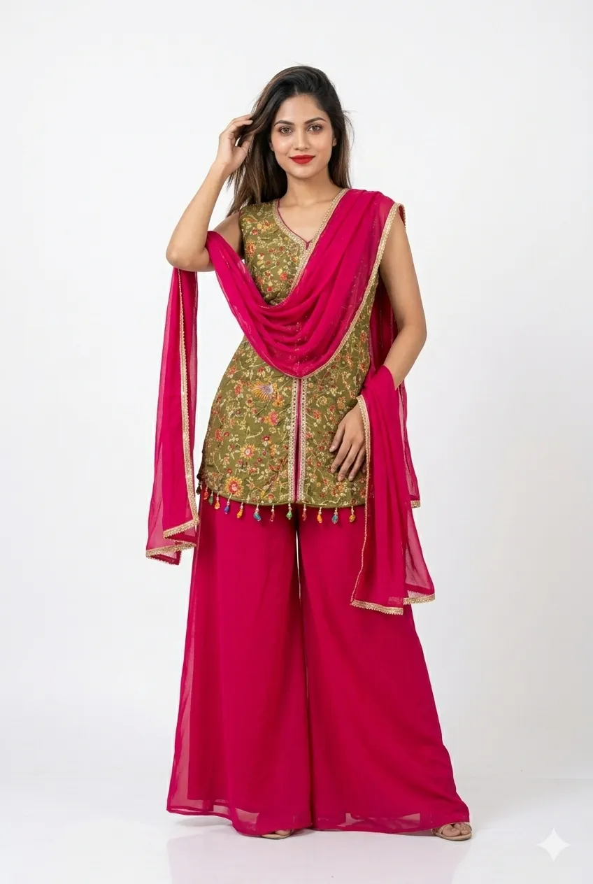 Embroidered Palazzo Suit Set with Dupatta