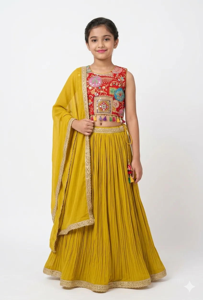 Girls Mustard Yellow Lehenga Choli Set With Dupatta