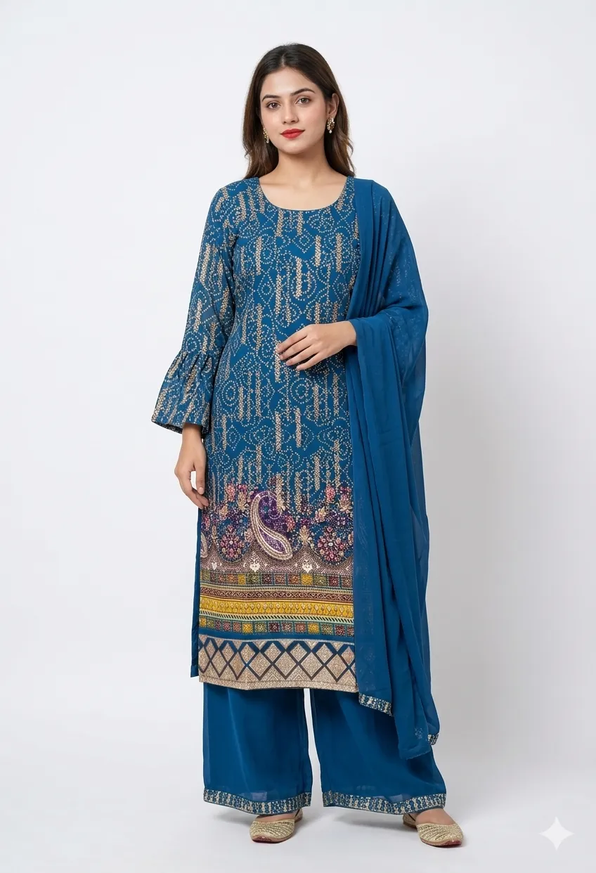 Blue Printed Kurta Palazzo Set With Dupatta
