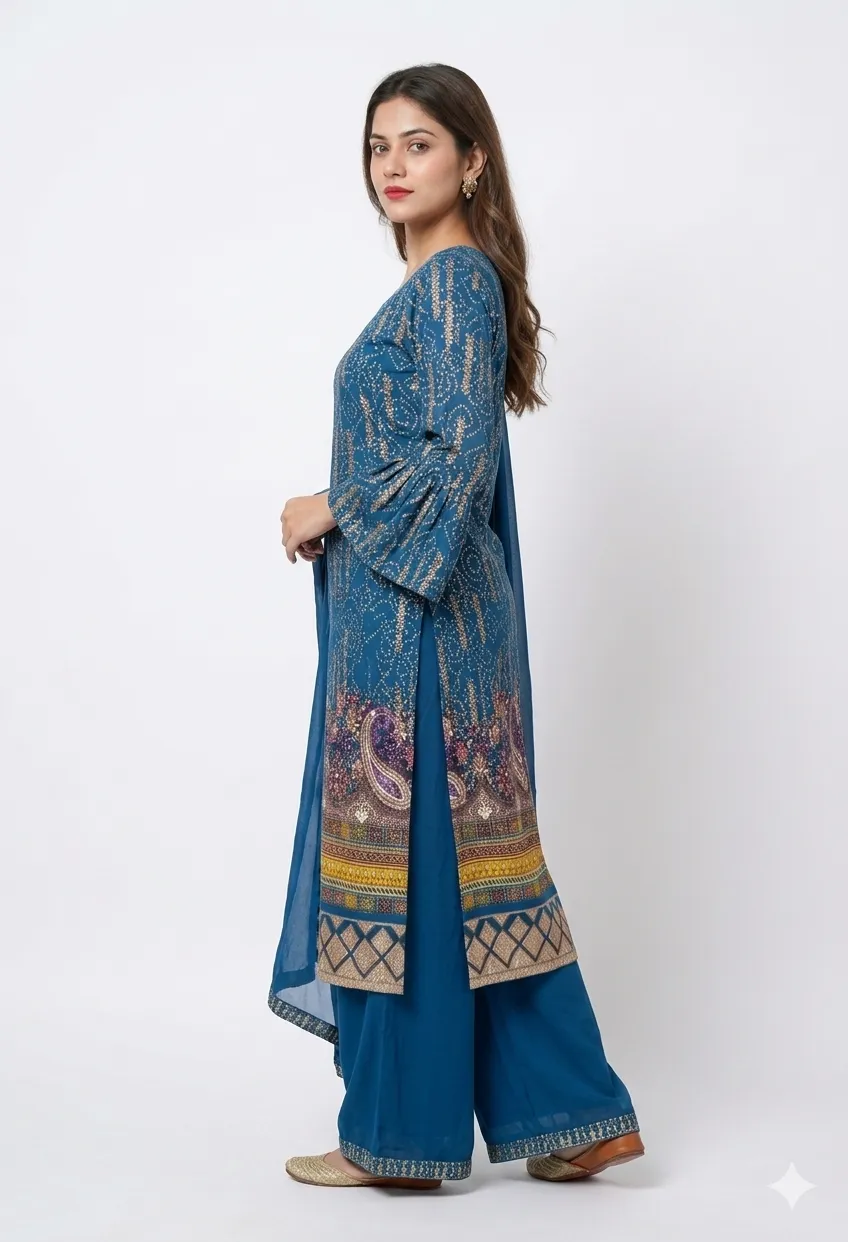 Blue Printed Kurta Palazzo Set With Dupatta
