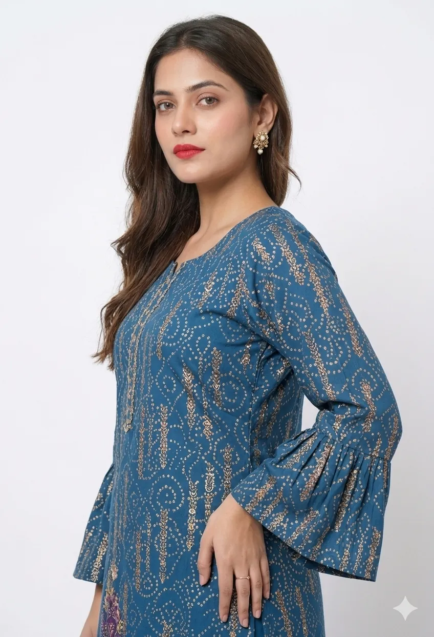 Blue Printed Kurta Palazzo Set With Dupatta