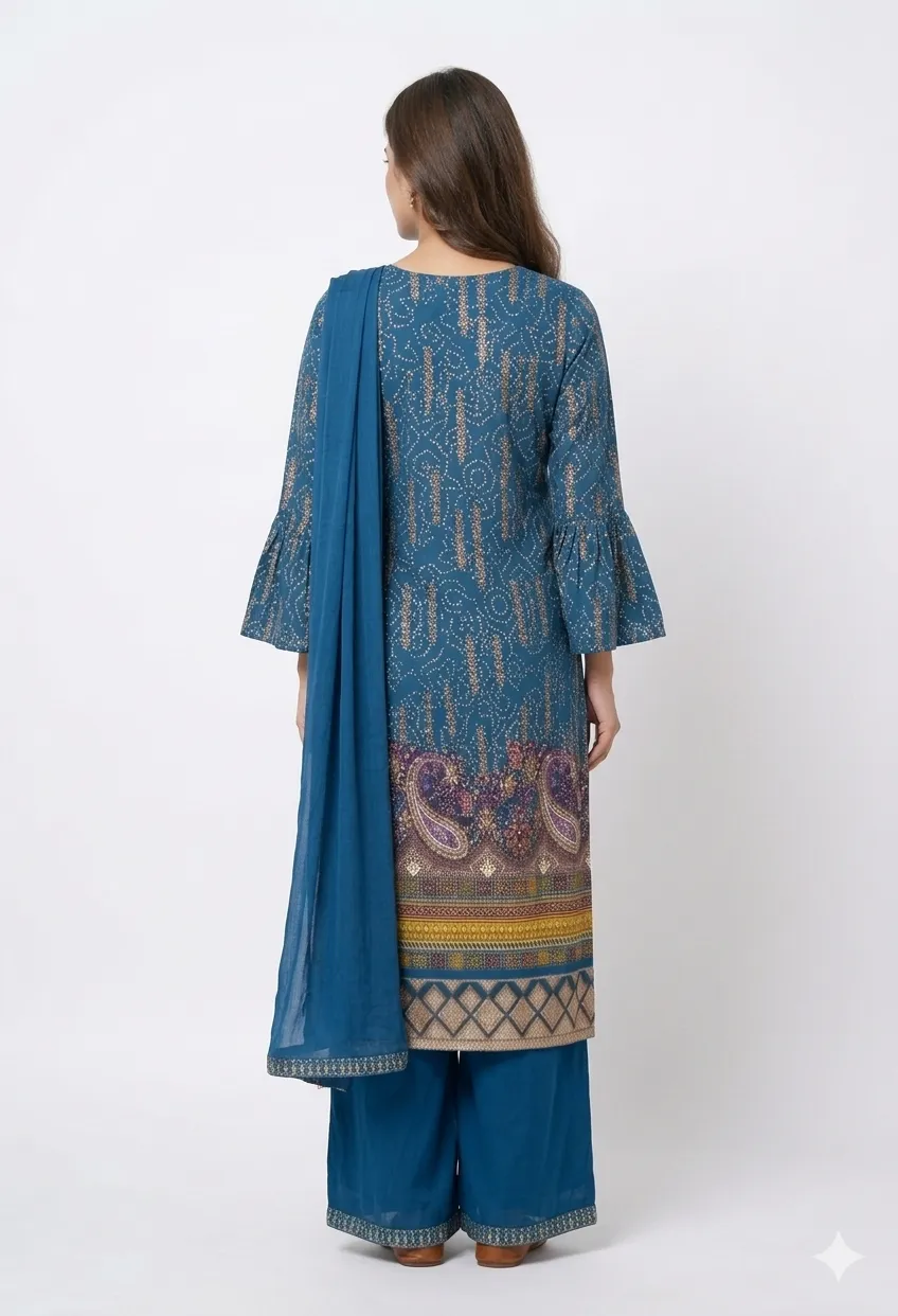 Blue Printed Kurta Palazzo Set With Dupatta