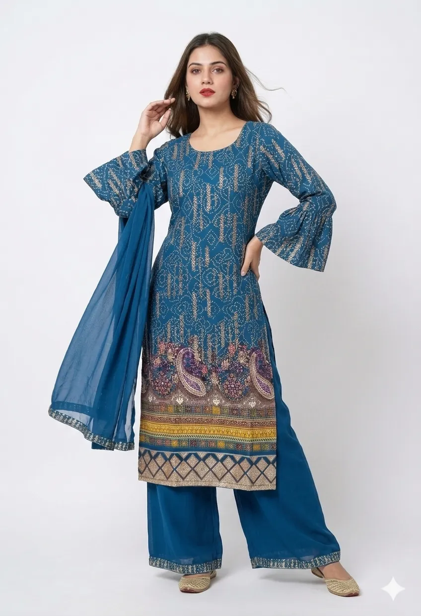 Blue Printed Kurta Palazzo Set With Dupatta