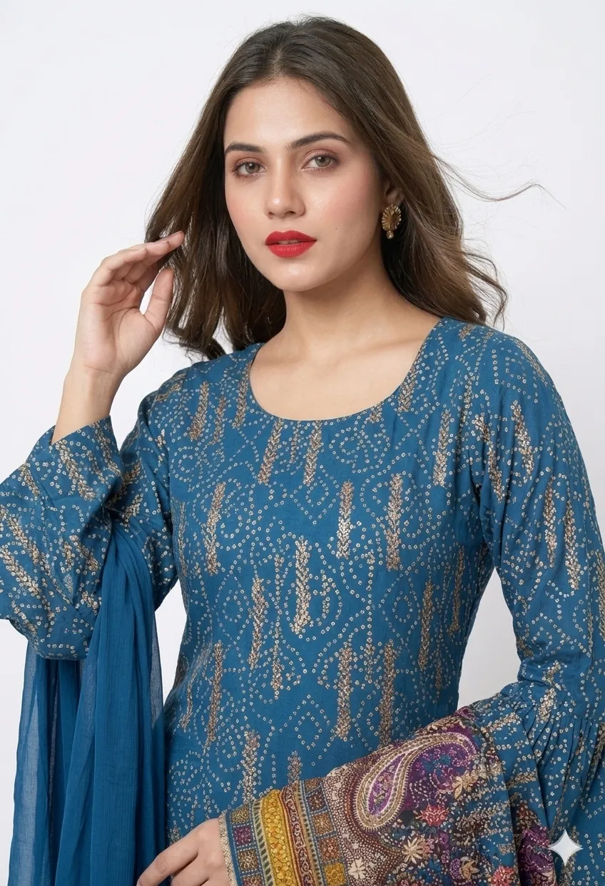 Blue Printed Kurta Palazzo Set With Dupatta