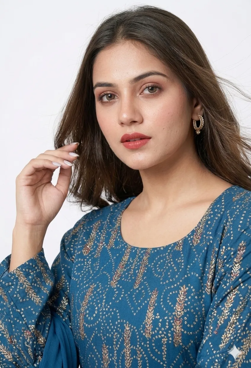 Blue Printed Kurta Palazzo Set With Dupatta