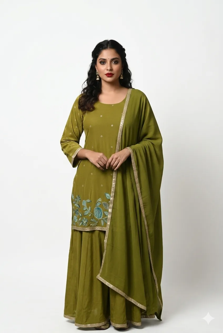Beautiful olive green kurta with pents embroidery
