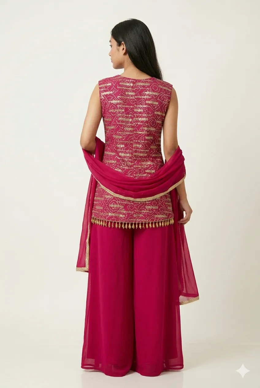 Pink Embroidered Kurta Palazzo Set With Dupatta