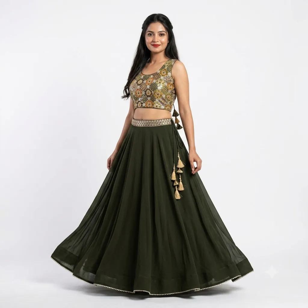 Bottle Green Lehenga Choli with Printed Jacket Blouse