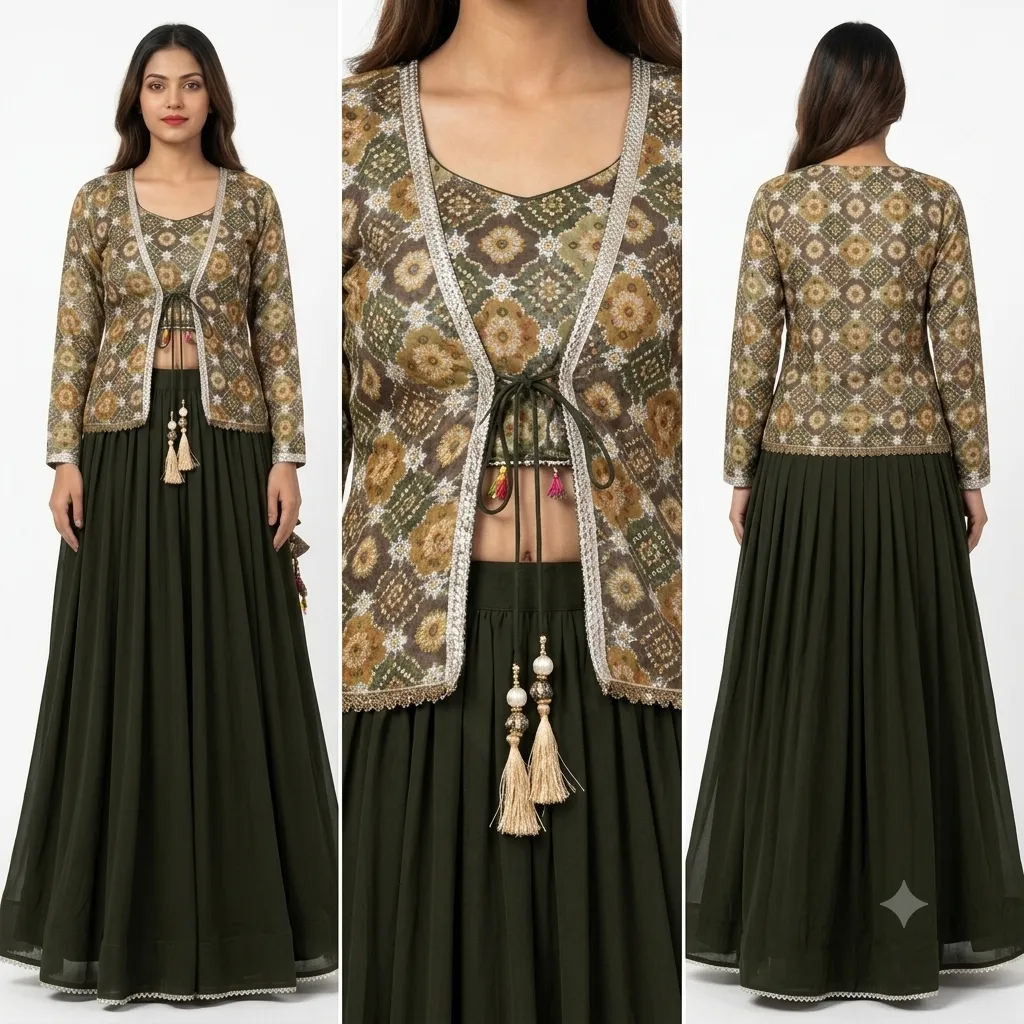 Bottle Green Lehenga Choli with Printed Jacket Blouse