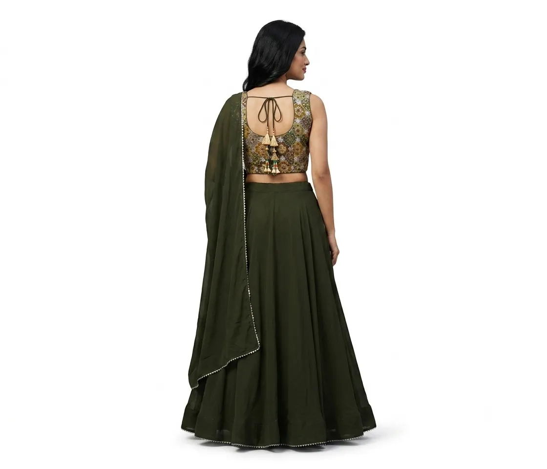 Deep Olive Green Lehenga Choli with Printed Crop Blouse