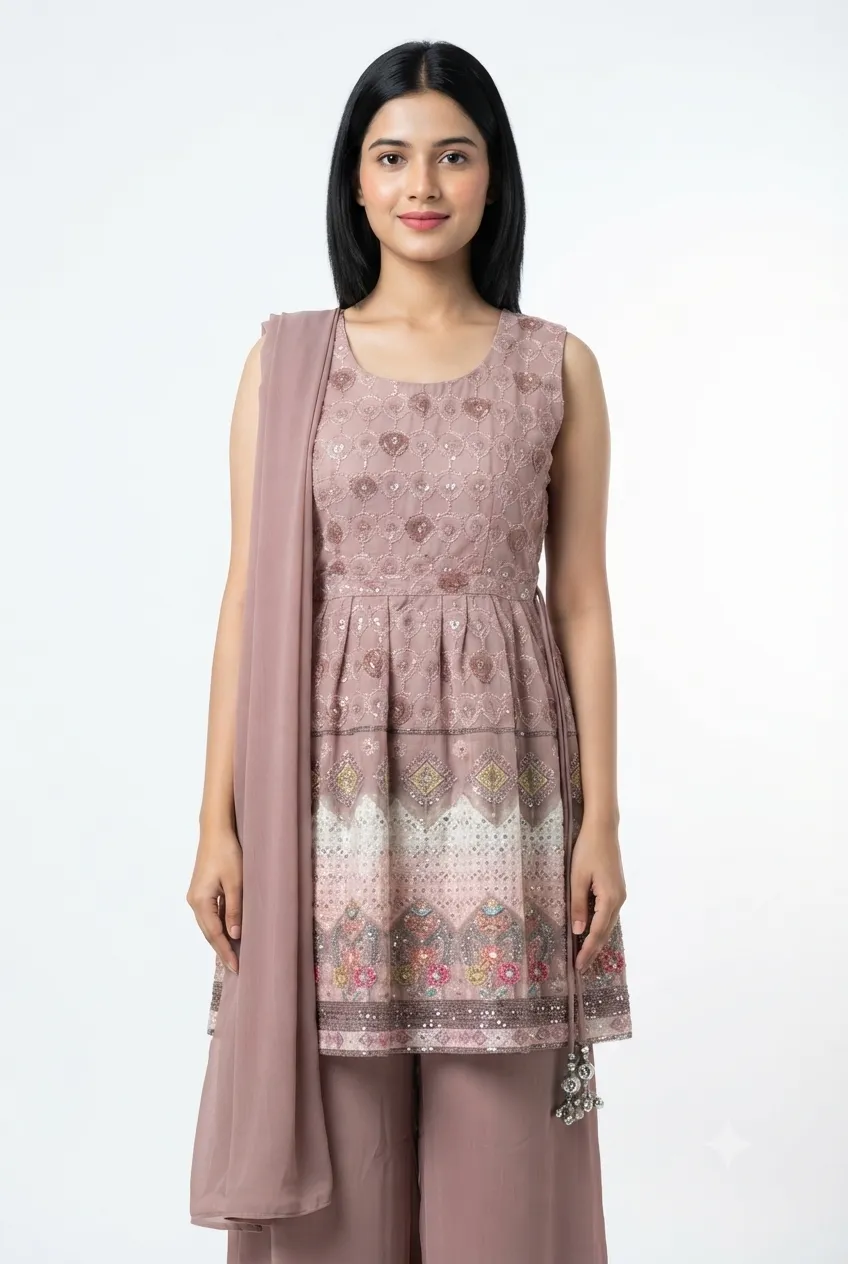 Pink Printed Peplum Palazzo Set With Dupatta