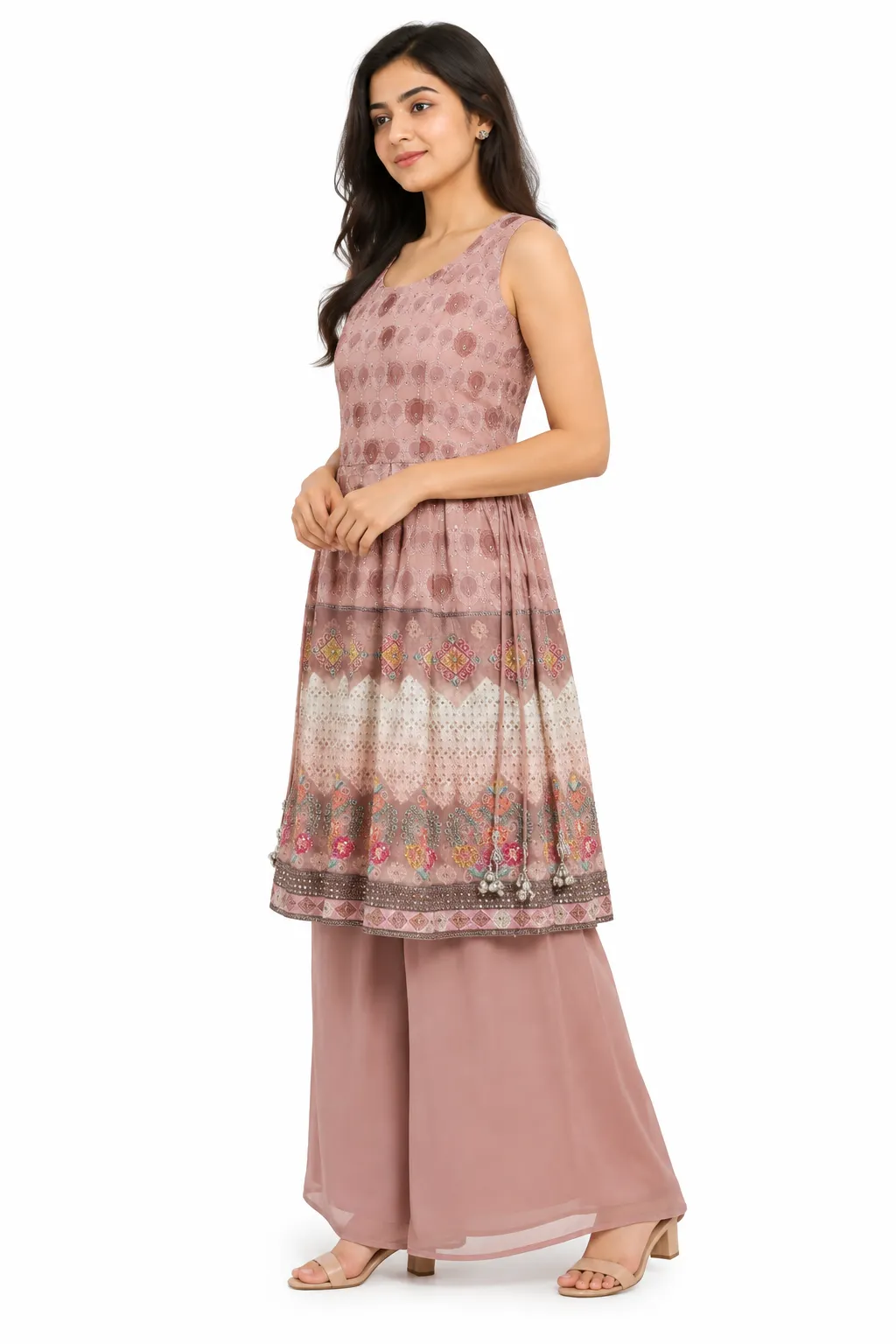 Pink Printed Peplum Palazzo Set With Dupatta
