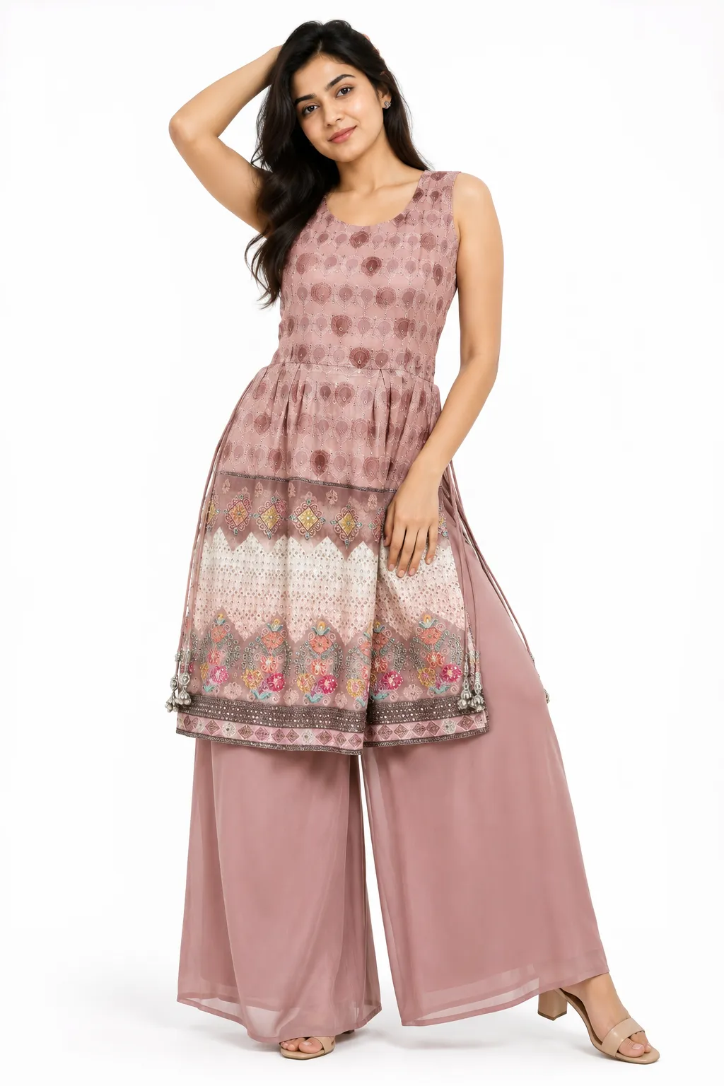 Pink Printed Peplum Palazzo Set With Dupatta