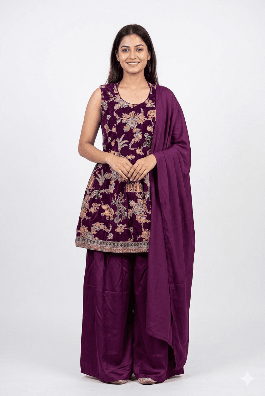 Purple Embroidered Kurta Palazzo Set With Dupatta