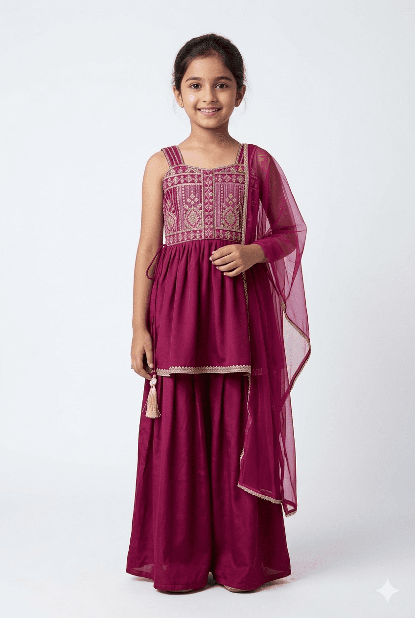 Girls Pink Embroidered Kurta Palazzo Set With Dupatta