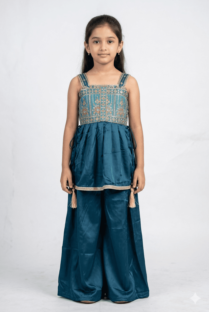 Girls Blue Embroidered Kurta Palazzo Set With Dupatta