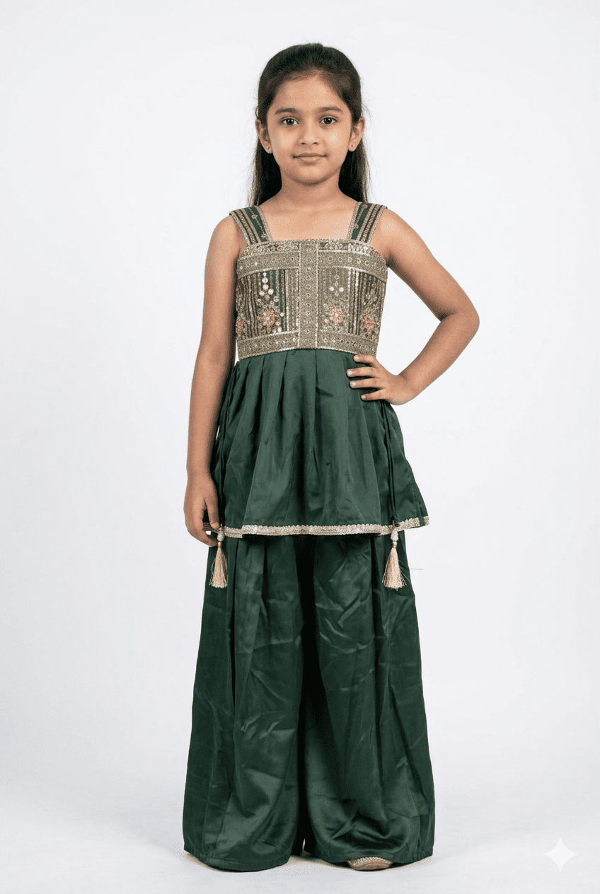Girls Mehndi Embroidered Kurta Palazzo Set With Dupatta