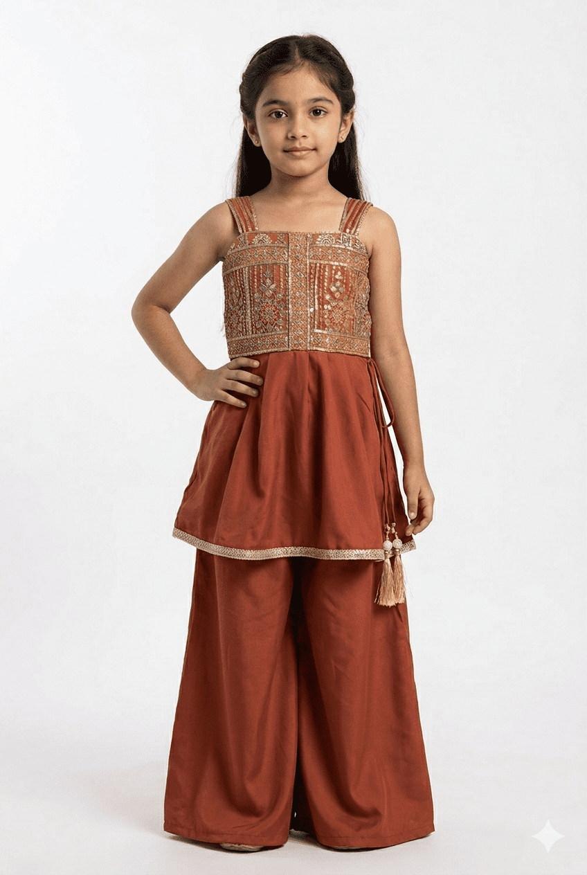 Girls Rust Orange Embroidered Kurta Palazzo Set
