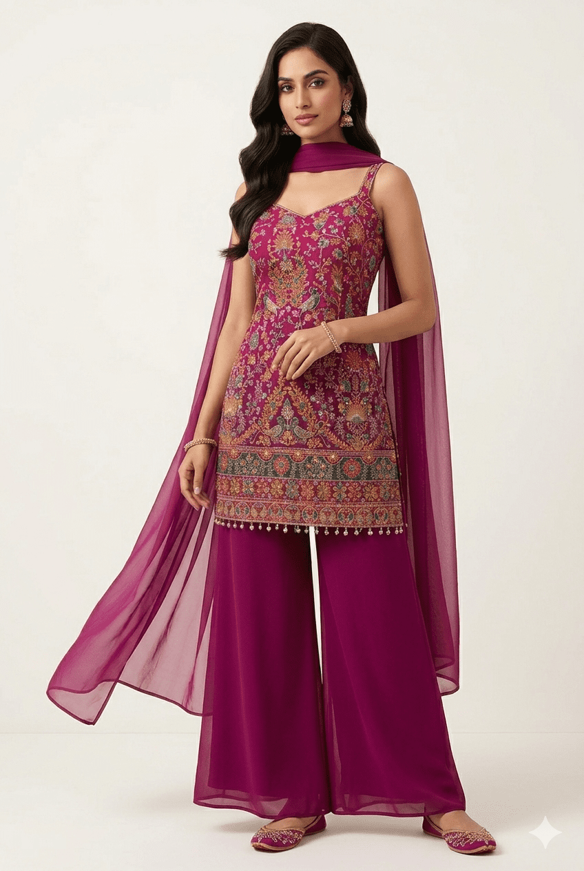 Pink Embroidered Kurta Palazzo Set With Dupatta