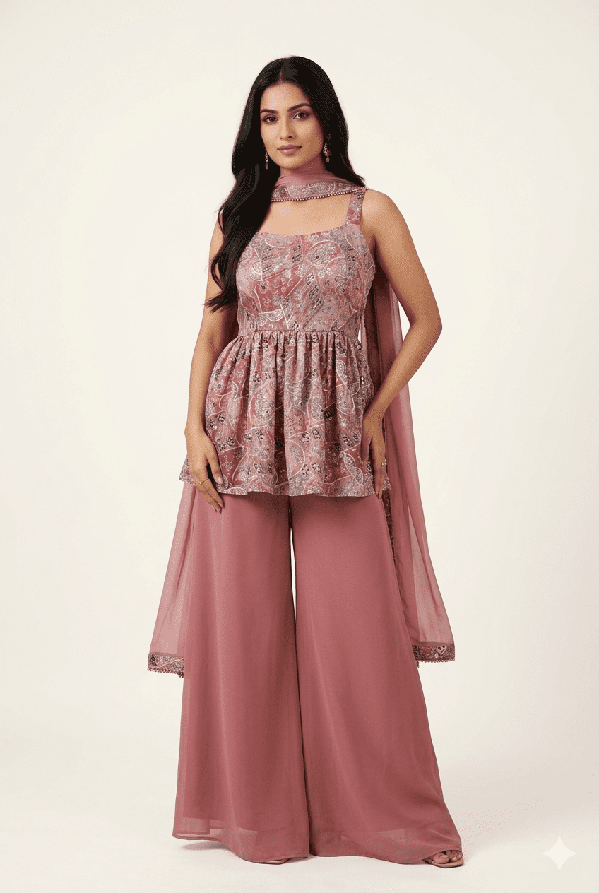 Dusty Pink Printed Peplum Palazzo Set With Dupatta