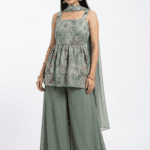 Sage Green Printed Peplum Palazzo Set With Dupatta