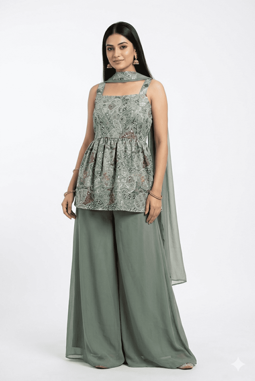 Sage Green Printed Peplum Palazzo Set With Dupatta
