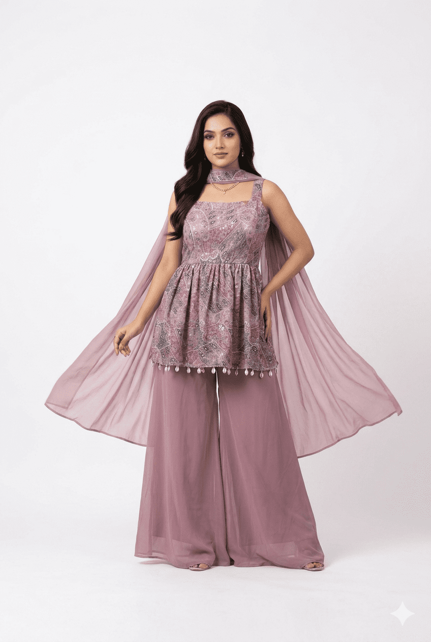 Pink Printed Peplum Palazzo Set With Dupatta