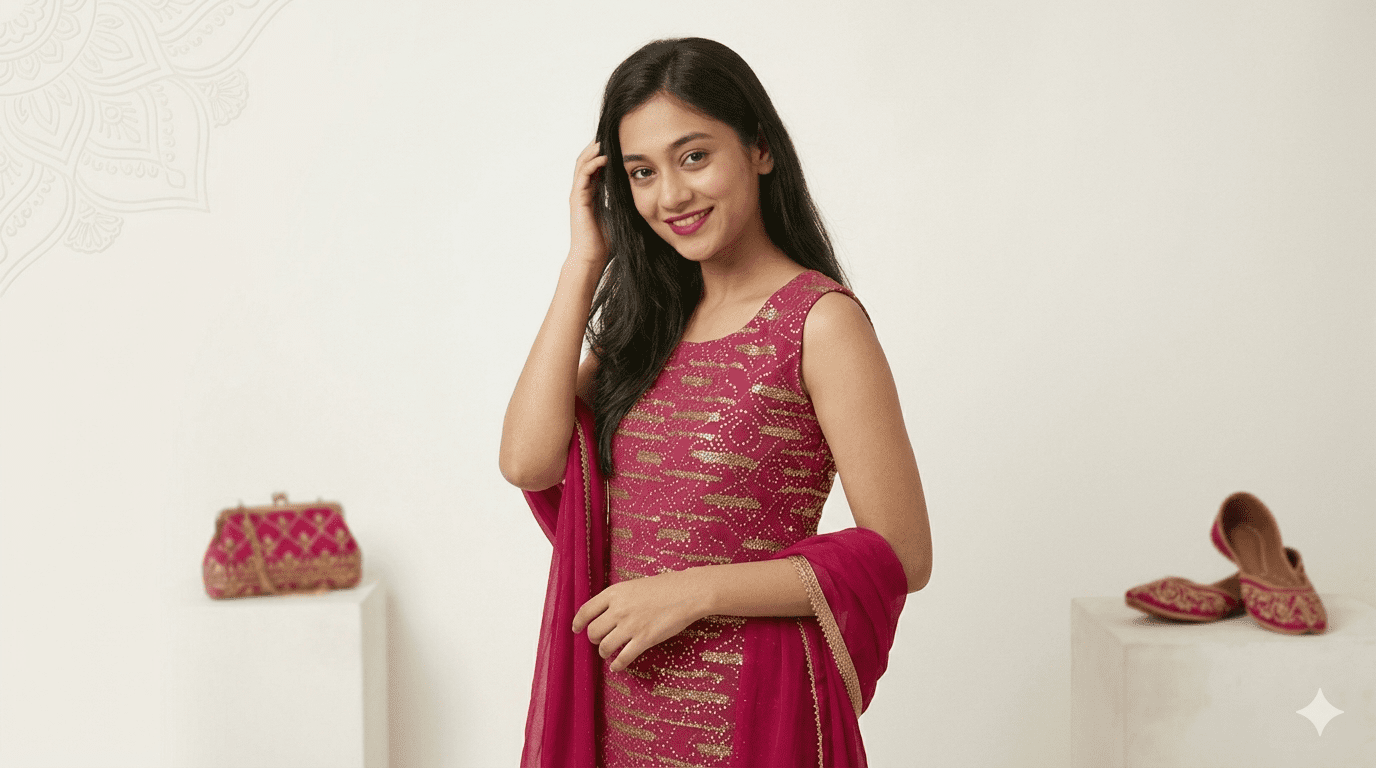 Pink Embroidered Kurta Palazzo Set With Dupatta
