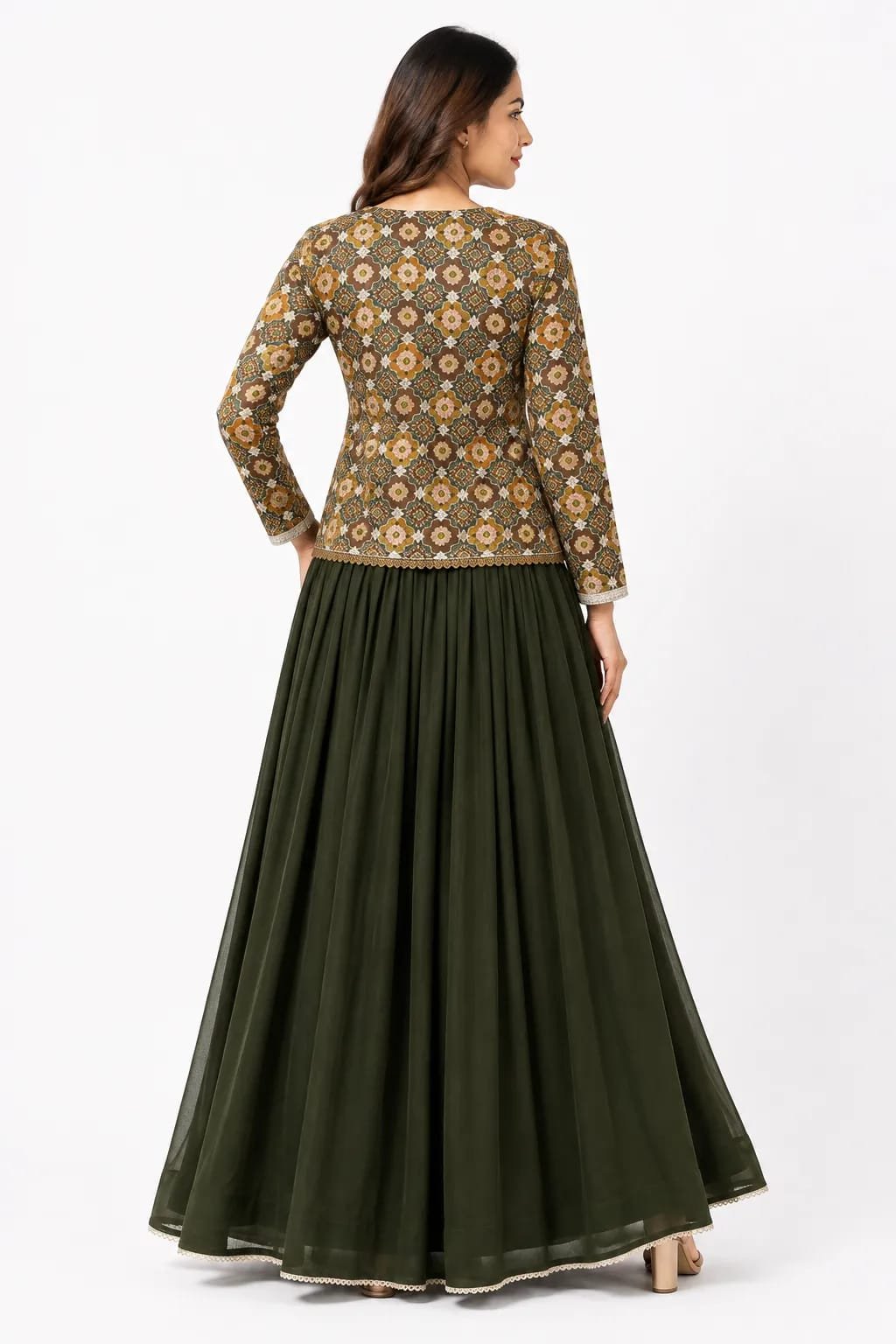 Bottle Green Lehenga Choli with Printed Jacket Blouse