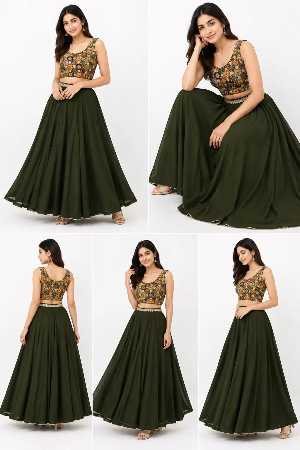 Bottle Green Lehenga Choli with Printed Jacket Blouse