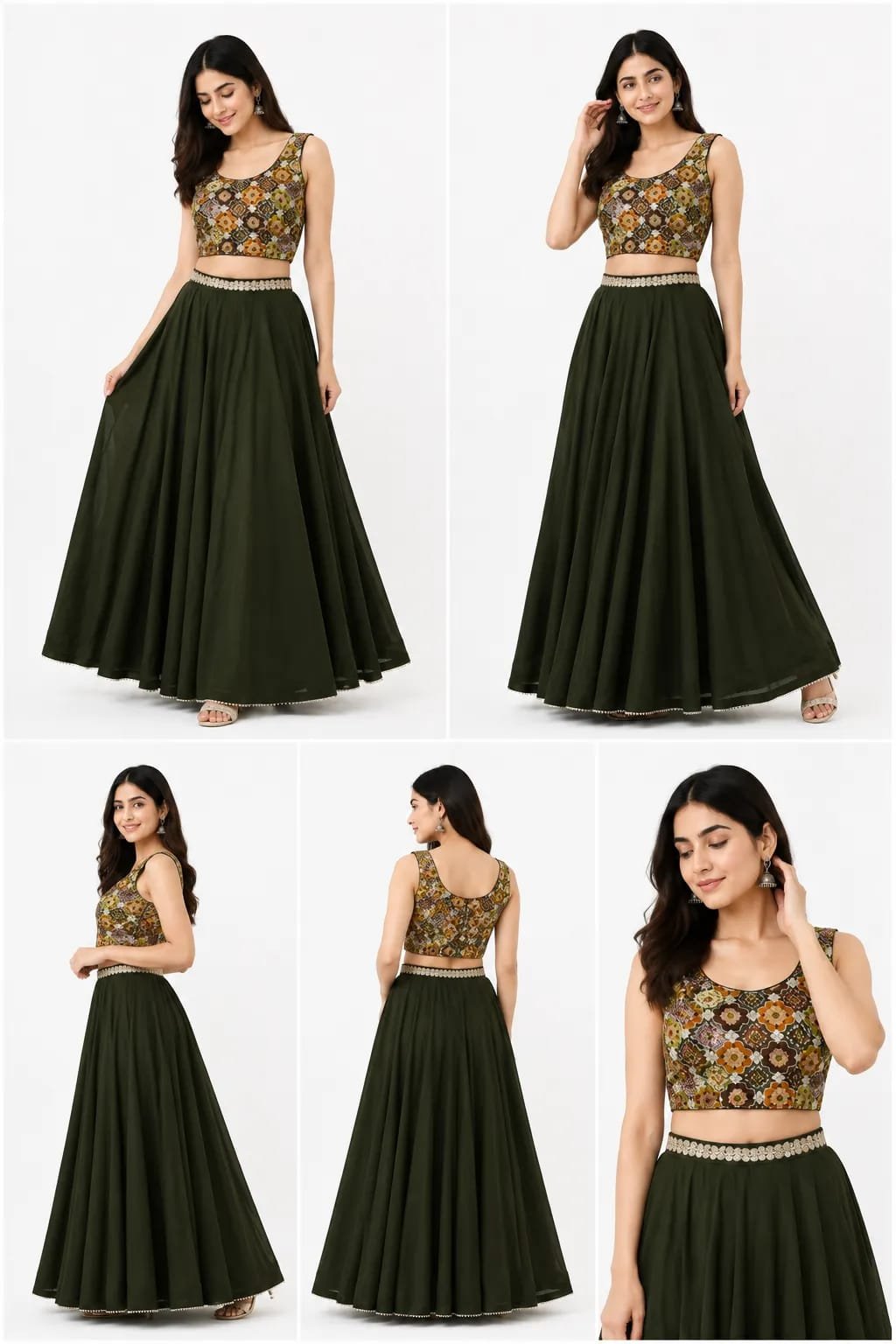 Deep Olive Green Lehenga Choli with Printed Crop Blouse