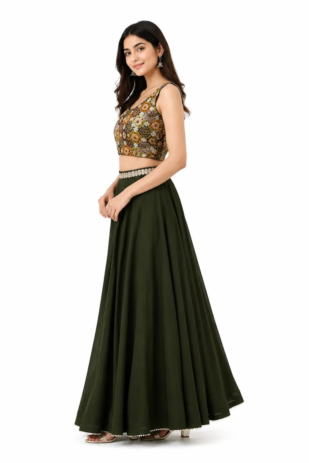 Bottle Green Lehenga Choli with Printed Jacket Blouse