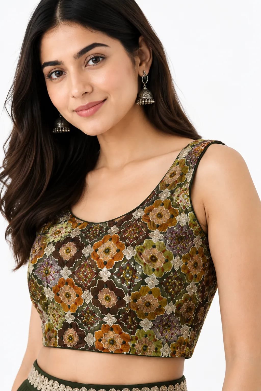 Bottle Green Lehenga Choli with Printed Jacket Blouse