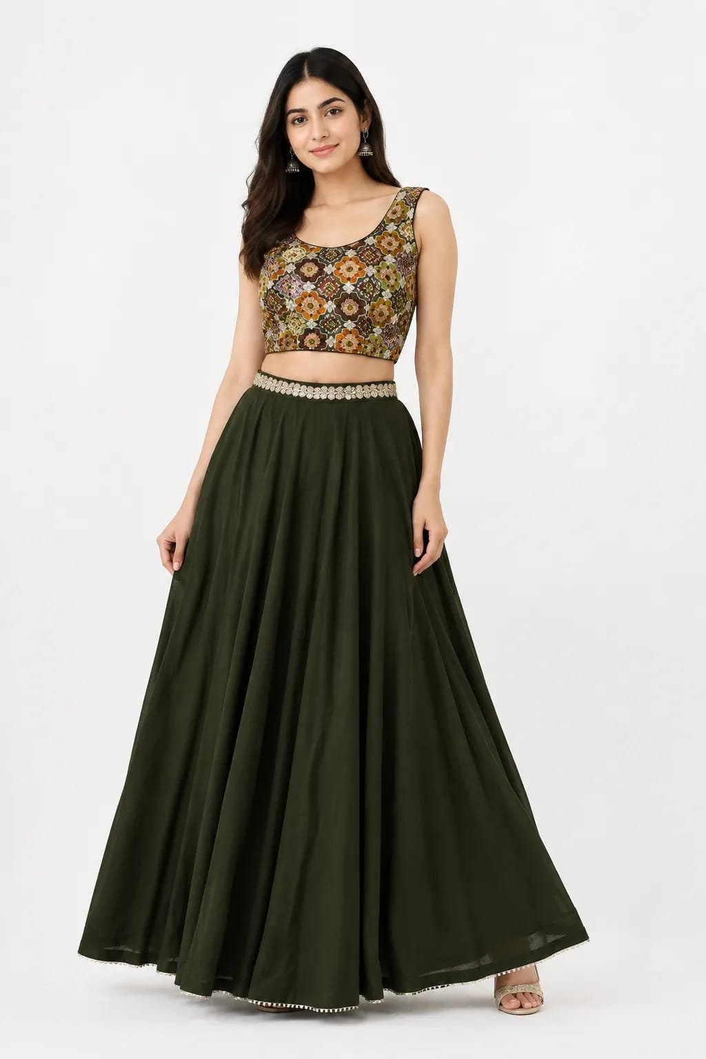 Deep Olive Green Lehenga Choli with Printed Crop Blouse