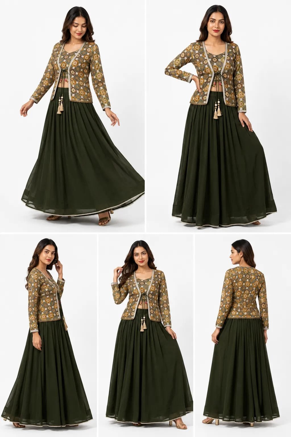 Bottle Green Lehenga Choli with Printed Jacket Blouse