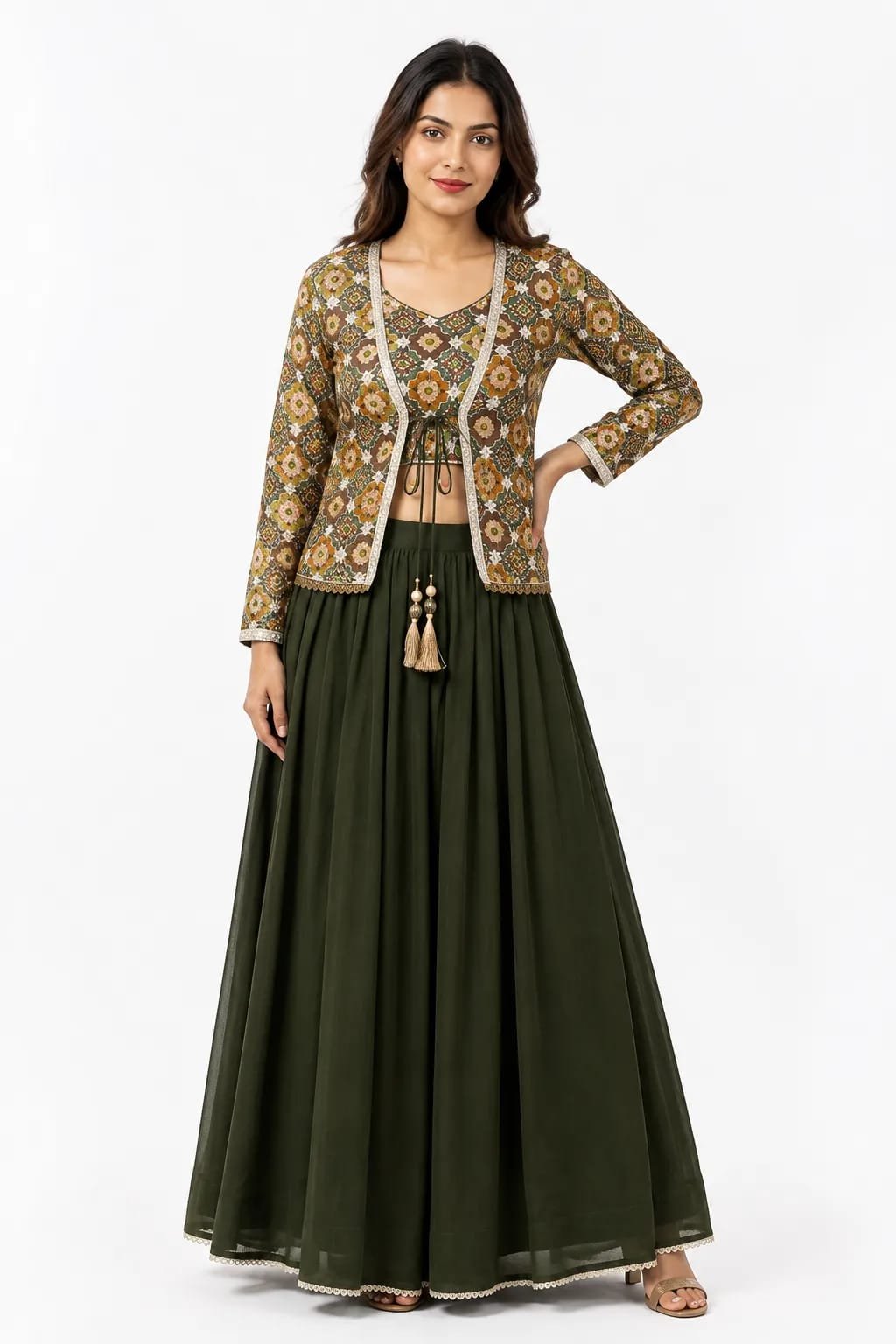 Bottle Green Lehenga Choli with Printed Jacket Blouse
