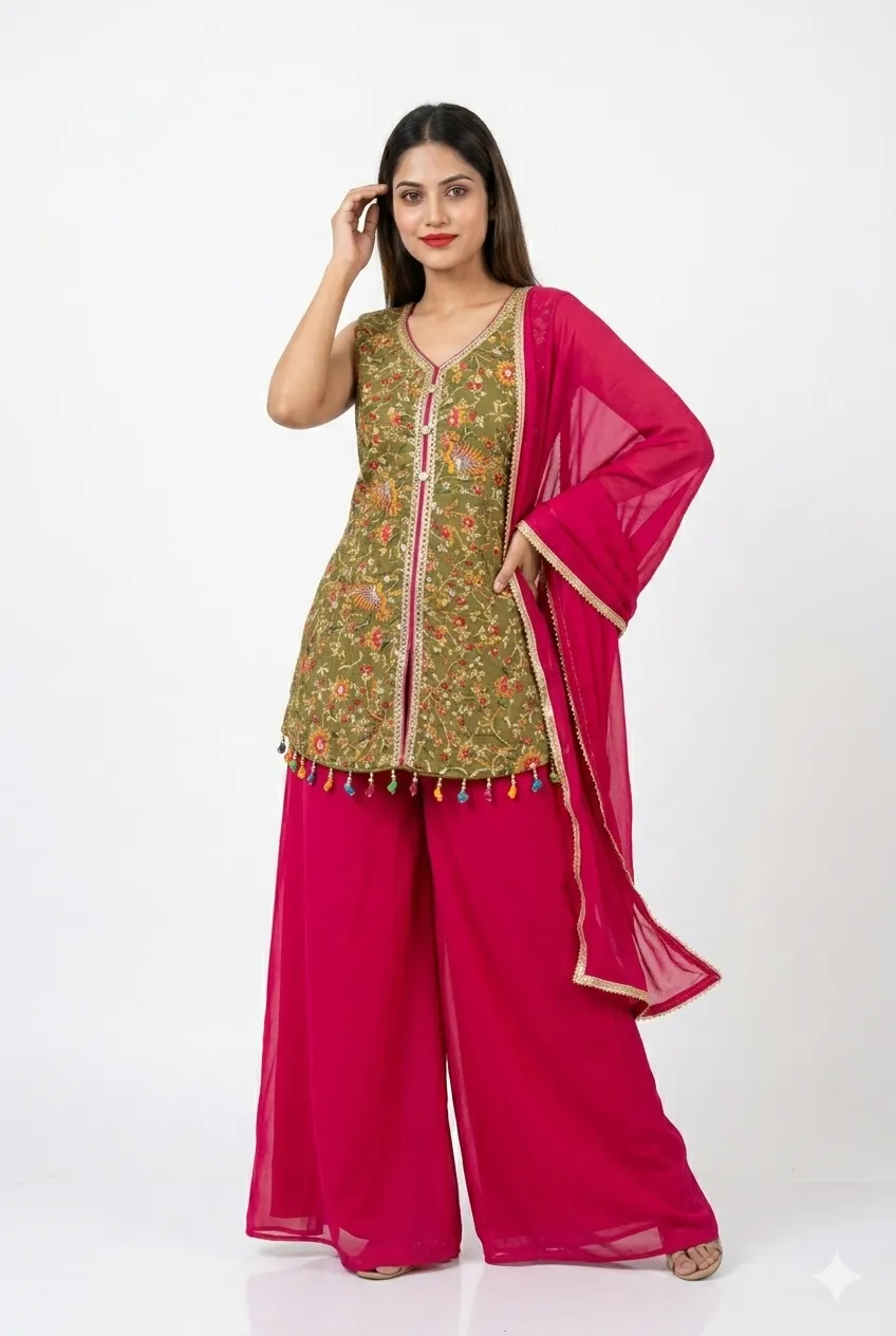 Rani Pink Festive Top, Teal Green Palazzo Suit