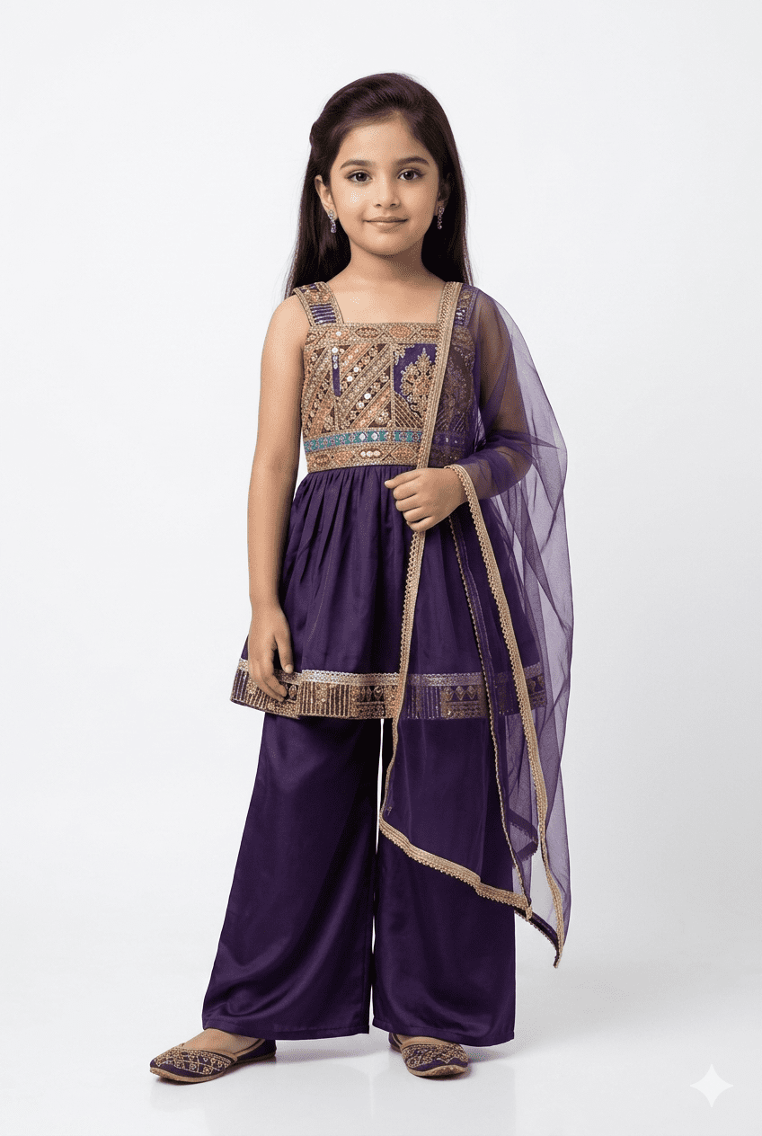 Girls Purple Peplum Kurti & Palazzo Set with Dupatta