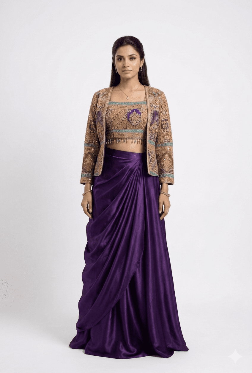 Royal Purple Draped Skirt Set with Embroidered Jacket