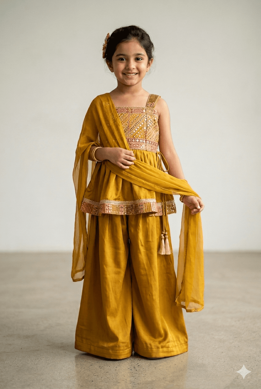 Girls Mustard Yellow Peplum Kurti & Palazzo Set with Dupatta