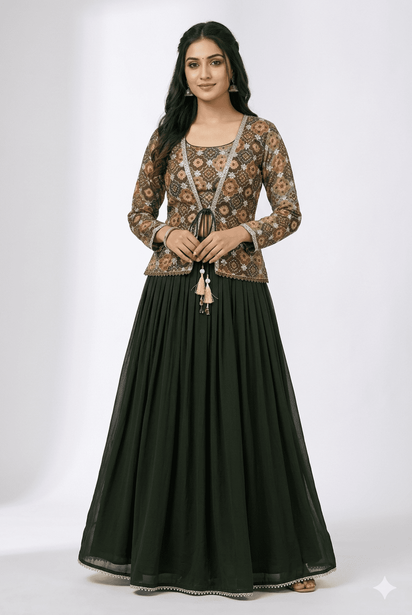 Bottle Green Lehenga Choli with Printed Jacket Blouse