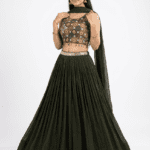 Deep Olive Green Lehenga Choli with Printed Crop Blouse